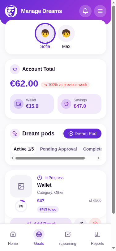 Kids savings goal and allowance tracker in Amos.Kids
