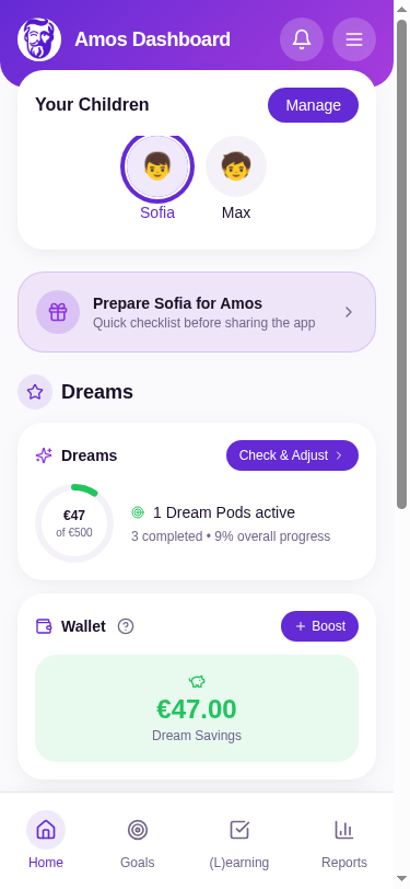 Amos.Kids chore and allowance app dashboard on a phone