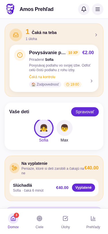 Rodičovský prehľad aplikácie Amos.Kids na telefóne