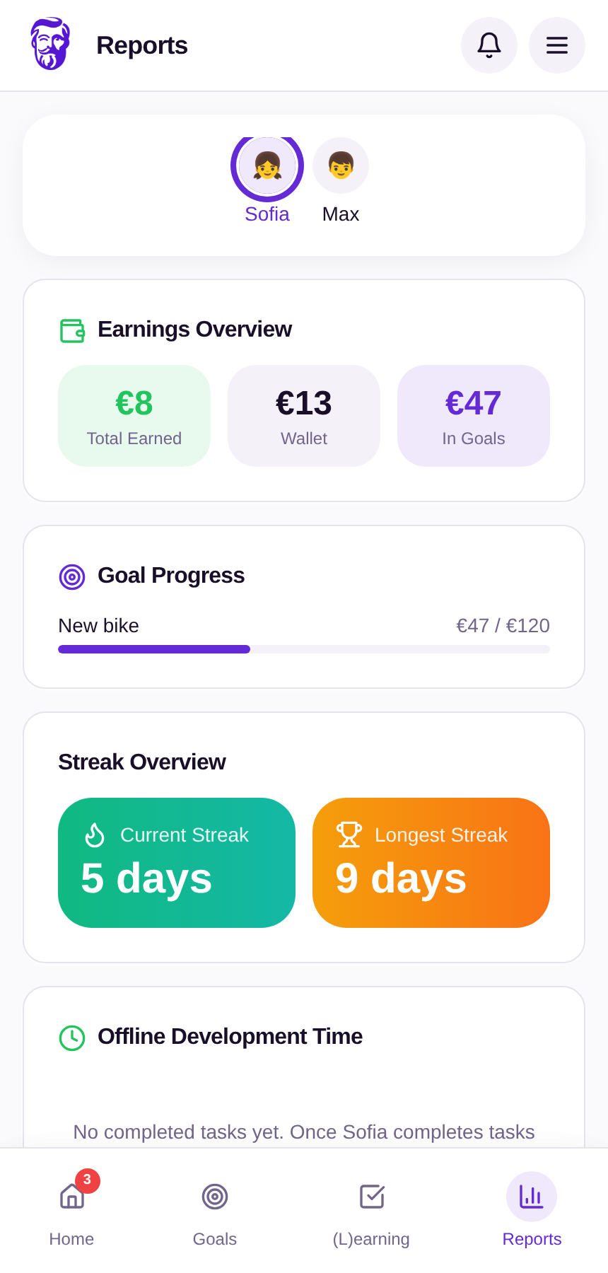 Instant visible progress and rewards in Amos.Kids reports