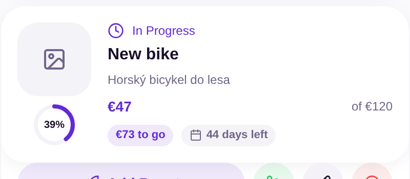 A savings goal with its progress ring and euro amount — straight from the app.
