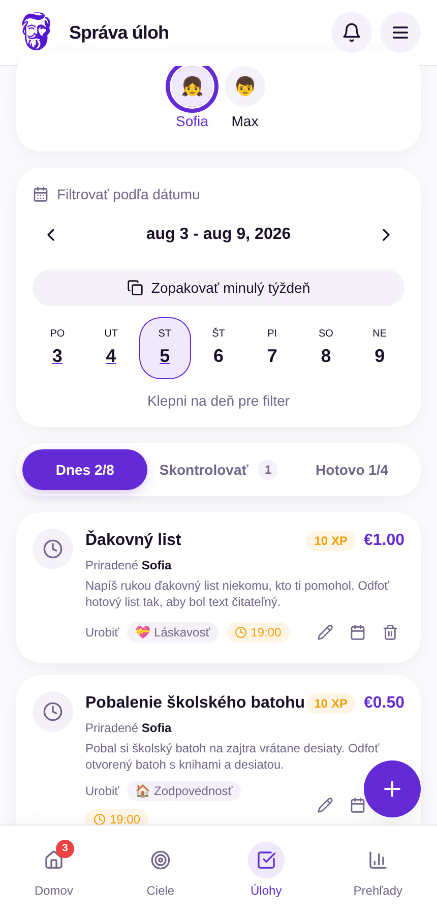 Malé, jasne zadané denné úlohy pre jedno dieťa v Amos.Kids